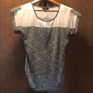 Soft green knit and tan polyester Knit blouse